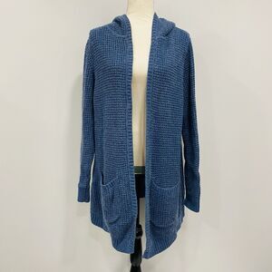 VTG 90s L.L. BEAN Womens LP Blue Waffle Knit Hooded Open Cardigan Sweater Coat